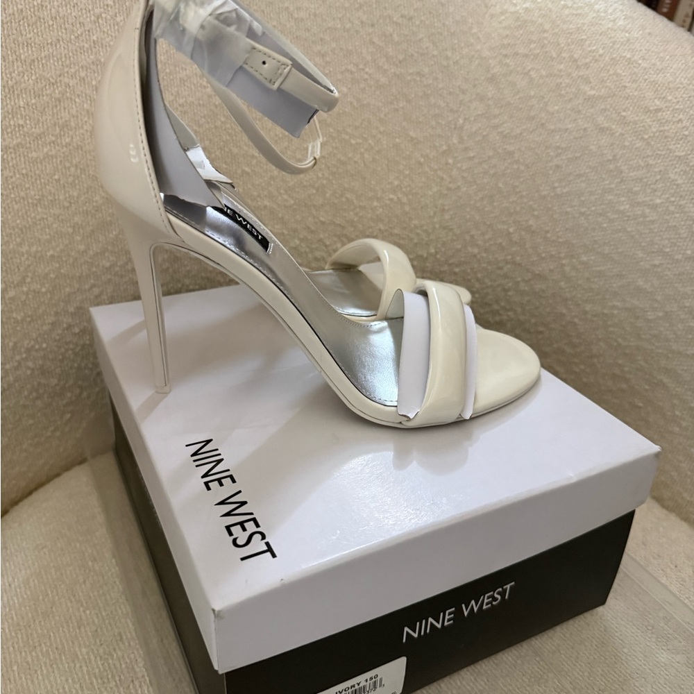 Nine West Teeya Ivory Patent Ankle-Strap Stiletto Sandals